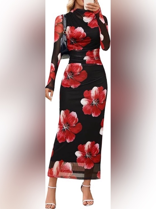 Merokeety Dresses & Skirts - NWT MEROKEETY Red Floral Mesh Maxi Dress Size Small Bodycon Long Sleeve
